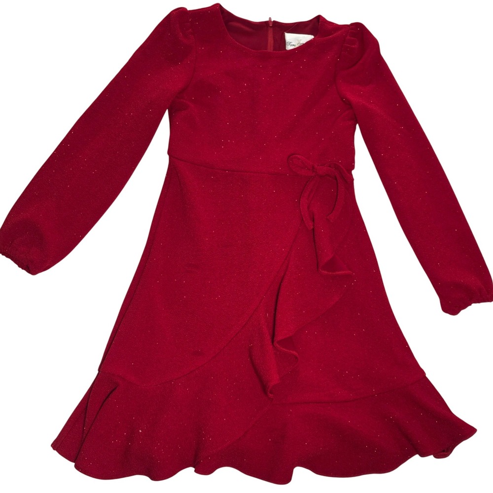 Rare Editions‎ Red Sparkle Ruffle Wrap Dress Size 8 Long Sleeve Holiday Party